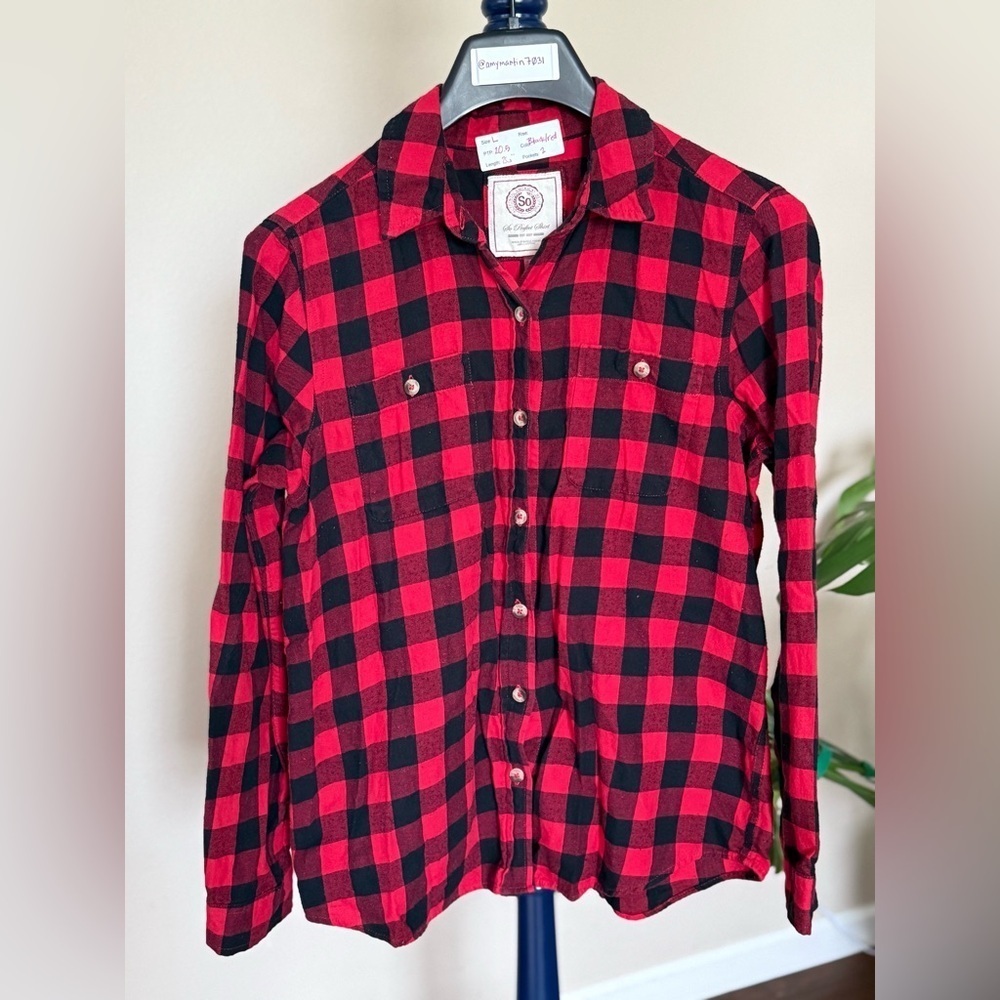 S.O. Red and Black Plaid Button-Up Shirt, Size L